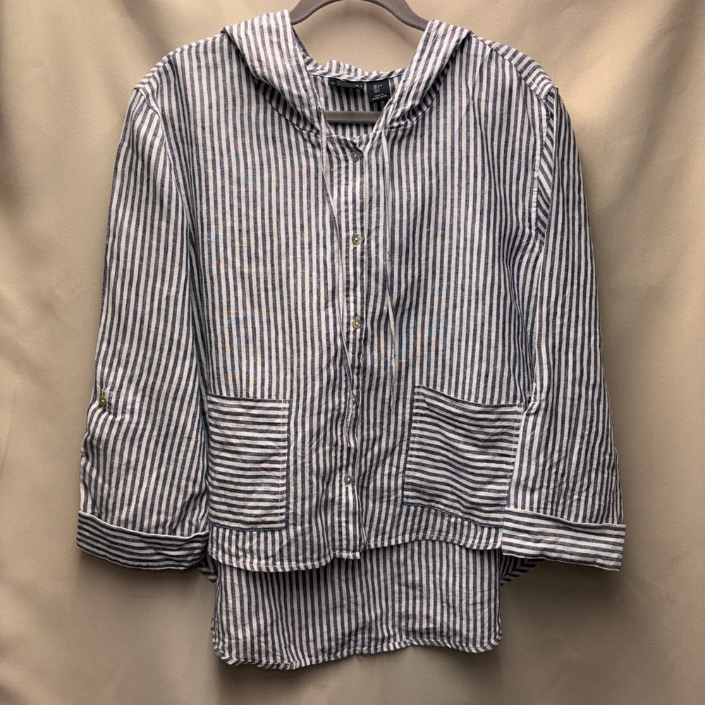 Tahari Women’s Linen Striped White & Blue Button Up Hooded Shirt Size Large